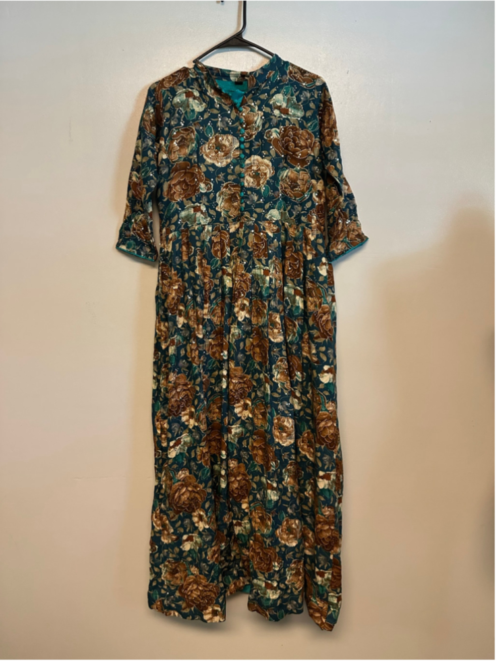 Floral Maxi Dress Teal Brown Size Medium Cottage Core Granny Core Sequins
